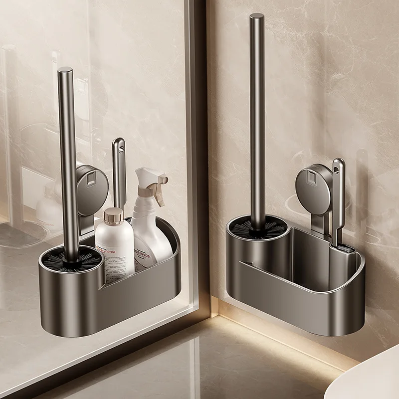 Bathroom Toilet Brush Holder Cleaning Tools Space Aluminum Wall Mounted Sucker Vertical Toilet Brush Bathroom Accessories bathroom accessories toilet brush holder