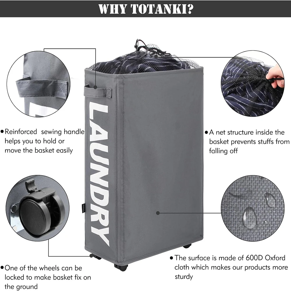 Laundry Basket 22" Rolling Foldable Portable Hamper with Handle