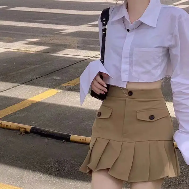 

Korean Two Piece Sets Women Long Sleeve Irregular Crop Shirts High Waist Pleated Mini Skirt Outfits Roupas Femme Sexy Y2k Suit
