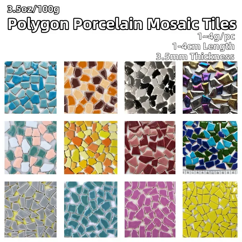 DIY Mosaic Supplies Polygon Porcelain Mosaic Tiles DIY Craft Ceramic Tile Mosaic Making Materials 3.5oz/100g 1-4cm Length,1~4g/pc,3.5mm Thickness