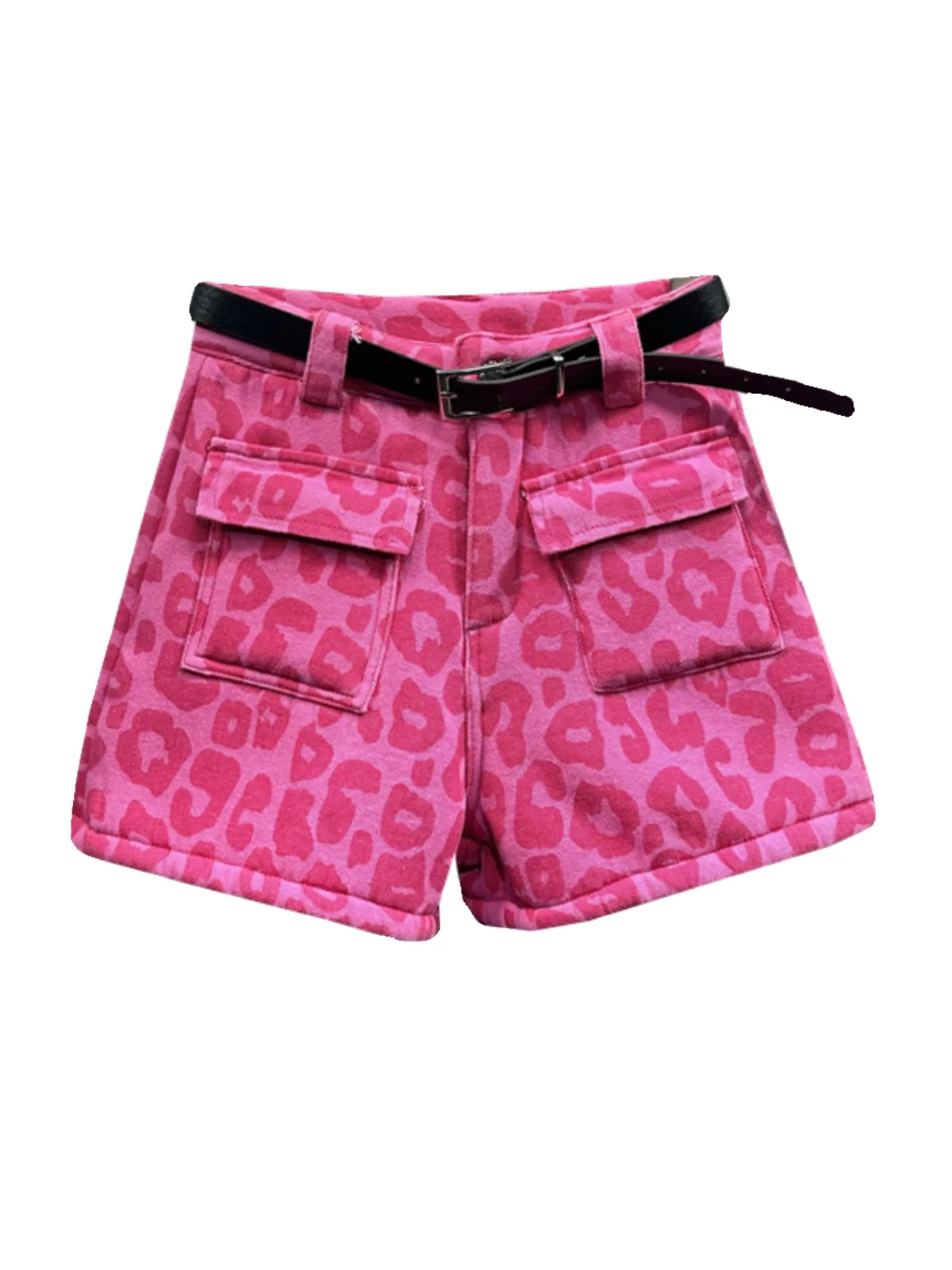 Pink Leopard Print Denim Shorts for Women 24 Spring New Casual All-Match Slimming Patch Pocket A- Line Wide-Leg Hot Pants Female