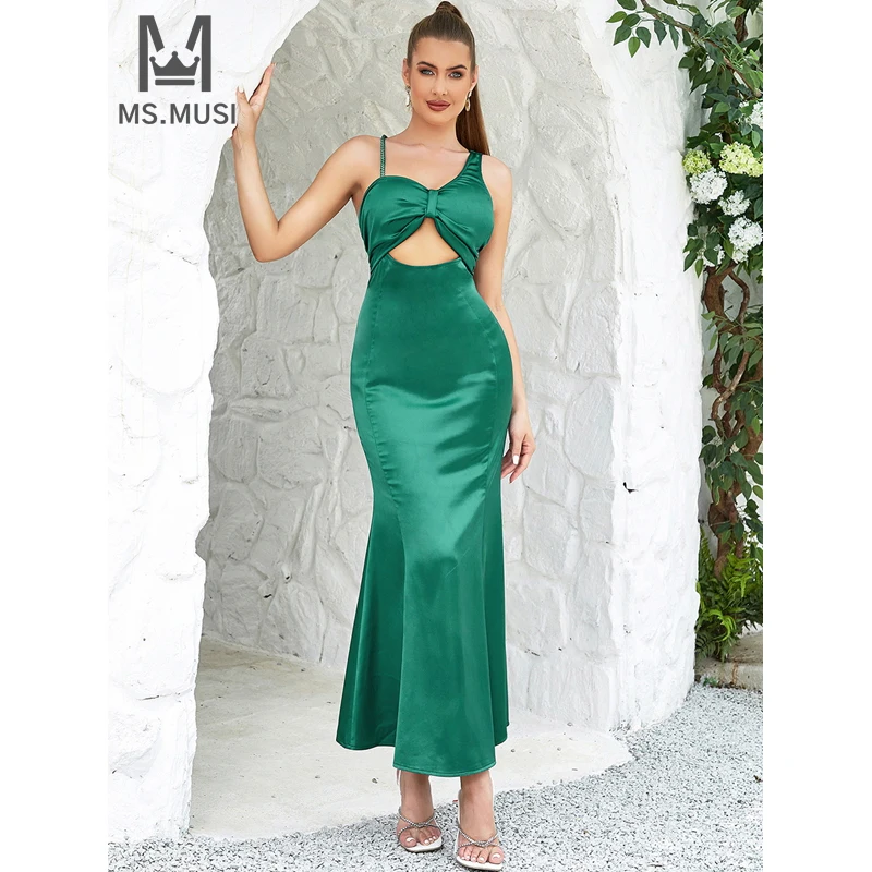 

MSMUSI 2024 New Fashion Women Sexy Strap Hollow Out Draped Fold Sleeveless Backless Bodycon Party Club Event Maxi Dress Gown