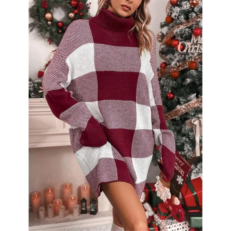 

Women's High Neck Loose Plaid Contrast Sweater Dress Temperament Commuting Autumn & Winter Woman Fashion Long Sleeved Dresses