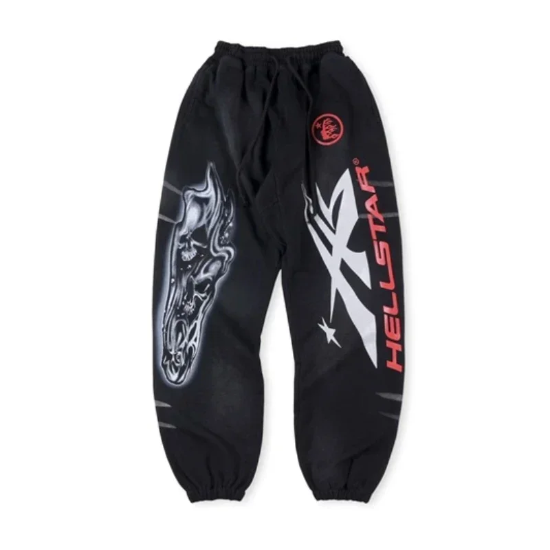 

24ss Oversized HELLSTAR Studios Airbrushed Skull Print Pants Men Women 1:1 Best Quality Black Tie Leg Sweatpants