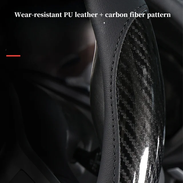 PU Leather & Carbon Fiber Texture Steering Wheel Cover, Comfort Grip Abrasion-Resistant Non-Slip, All-Season Use, Fits 14.5-15" 5
