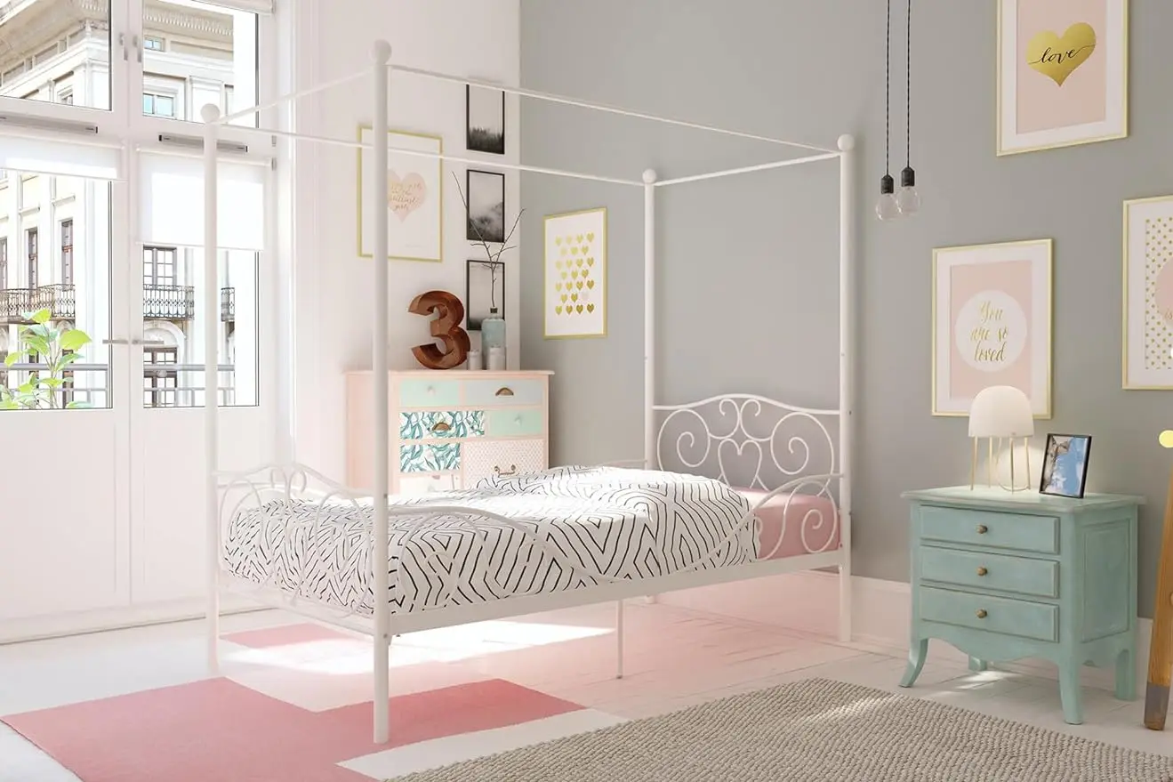 

Metal Canopy Kids Platform Bed with Four Poster Design, Scrollwork Headboard and Footboard, Underbed Storage Space