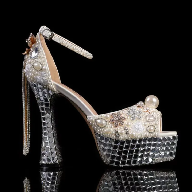 

Spring and summer new pearl rhinestone tassel bride wedding shoes thin high heel crystal party dress large women's single shoes