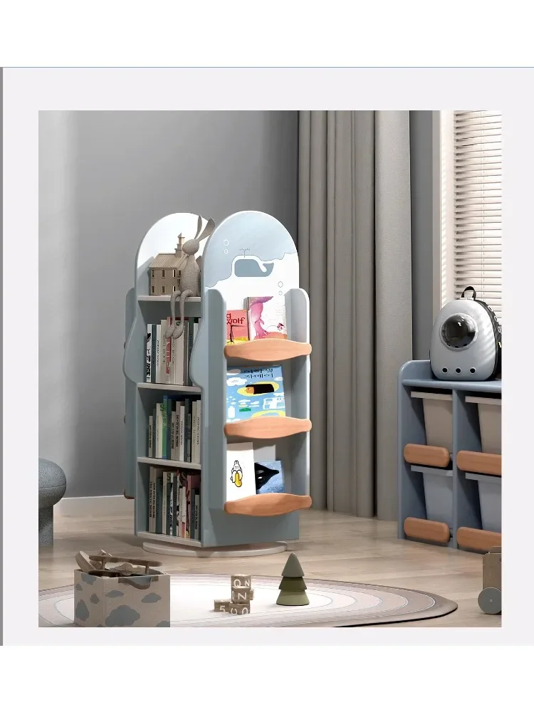 Children's solid wood rotating bookshelf 360 degree bookcase household vertical floor picture book shelf reading area