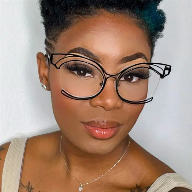 56755 Neue Halbrahmen Aushöhlen Optische Brillengestell Frauen Mode Cat Eye Metall Flache Spiegel Klare Locken Beine Brillen – Detail 5