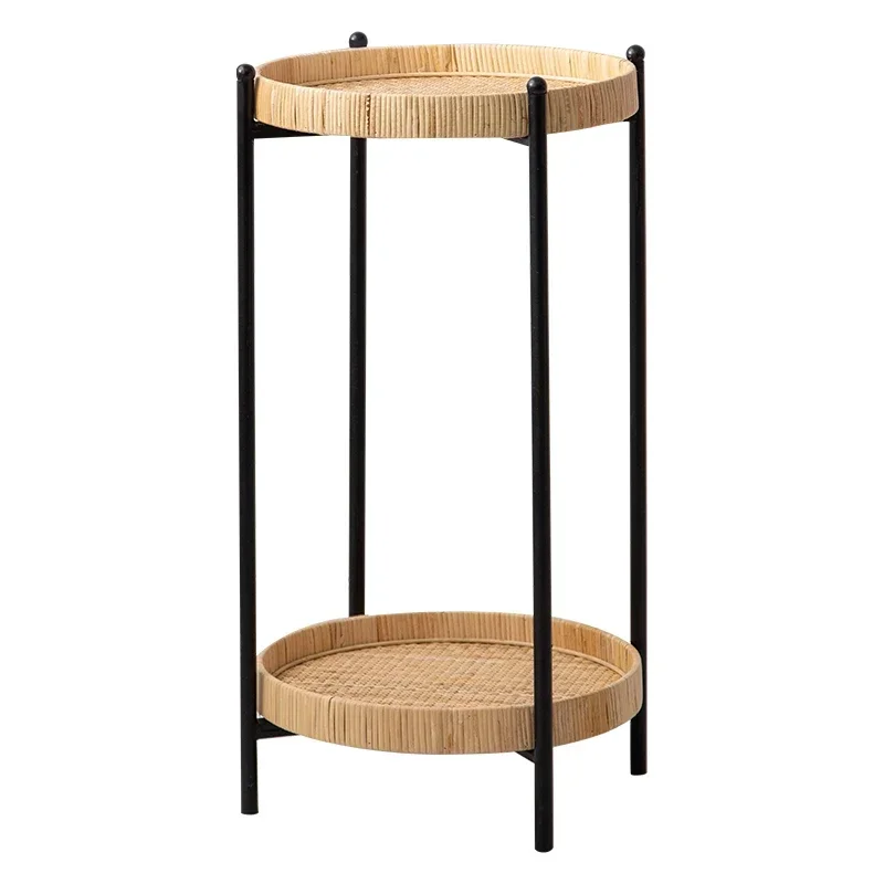 Simple Metal Plant Holder 2-Layer Rattan Woven Design Decorative Green Flower Stand Stylish Indoor Gardening Display