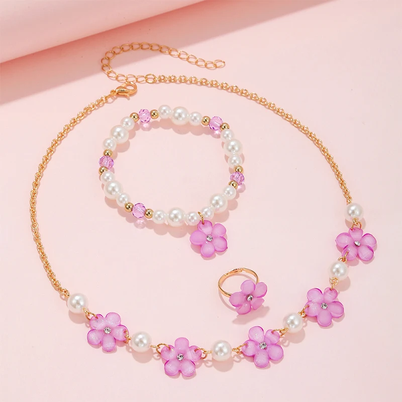 3PcssetFlowerCharmChainNecklacewithBeadsBraceletRingJewelry
