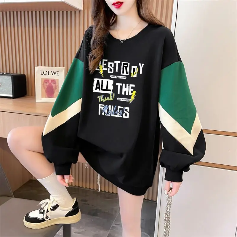 

Women Korean Fashion Letter Print Patchwork Oversized Streetwear Y2K Sweatshirts Female Casual O Neck Long Sleeve Pullover Tops