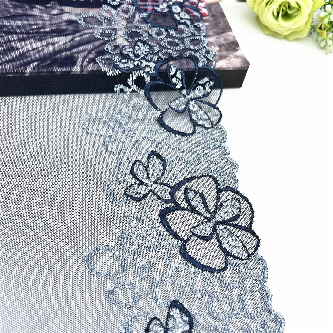 3y/lot Width 19cm Dark Blue Silver Shiny Embroidery Lace Trim For Skirt Hem Clothes Sewing Material DIY Apparel Dress Fabric 2