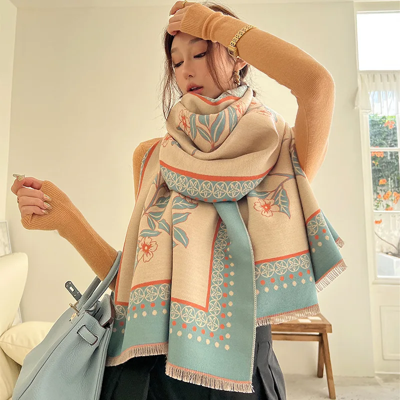 

2023 New Luxury Brand Winter Cashmere Scarf for Women Fashion Print Warm Shawl Pattern Wrap Flower Neckerchief Poncho Tassel