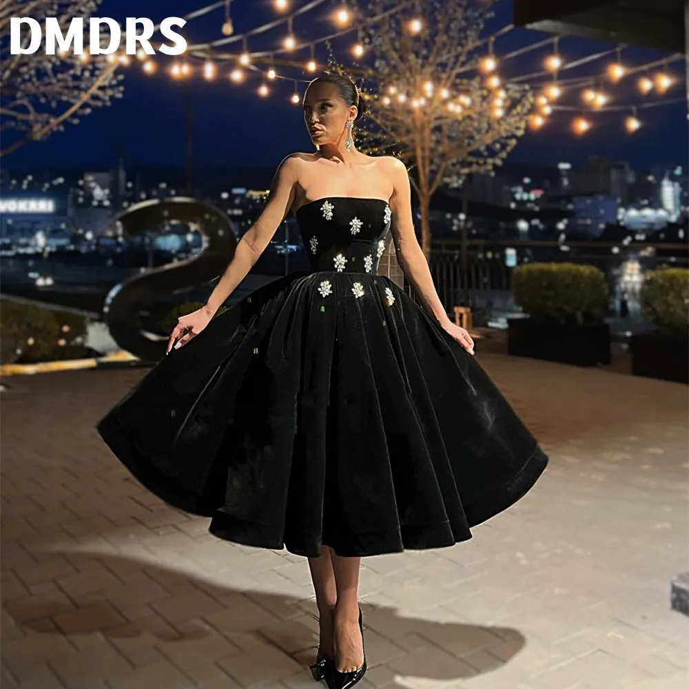 

Черные бархатные платья миди для выпускного вечера без бретелек, плиссированные велюровые официальные платья с кристаллами, вечерние платья-трапеции длиной ниже колена