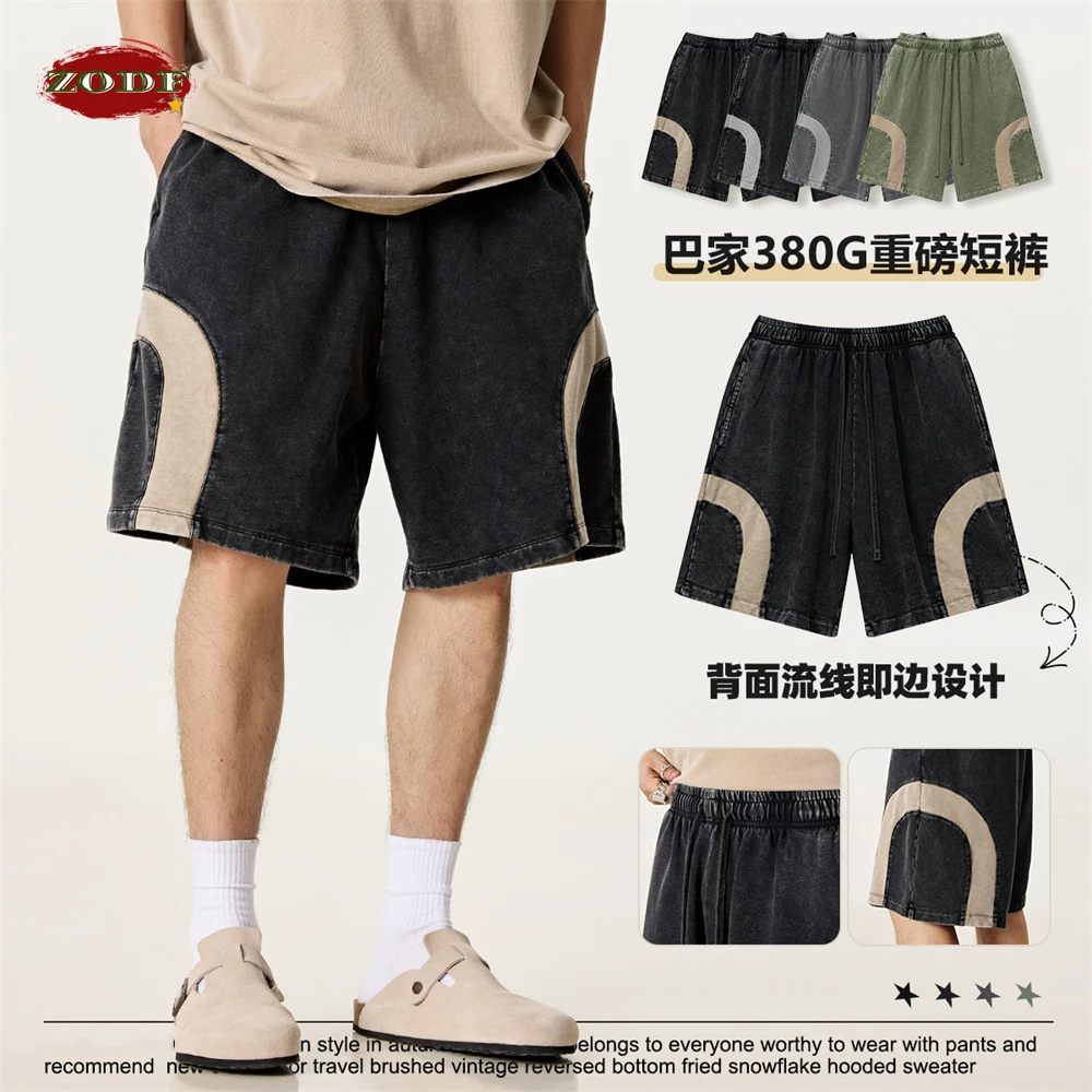 ZODF 2025 Summer Patchwork Washed Cotton Shorts For Men Unisex Retro Y2K High Street Distressed 330gsm Shorts Streetwears HY1057 4