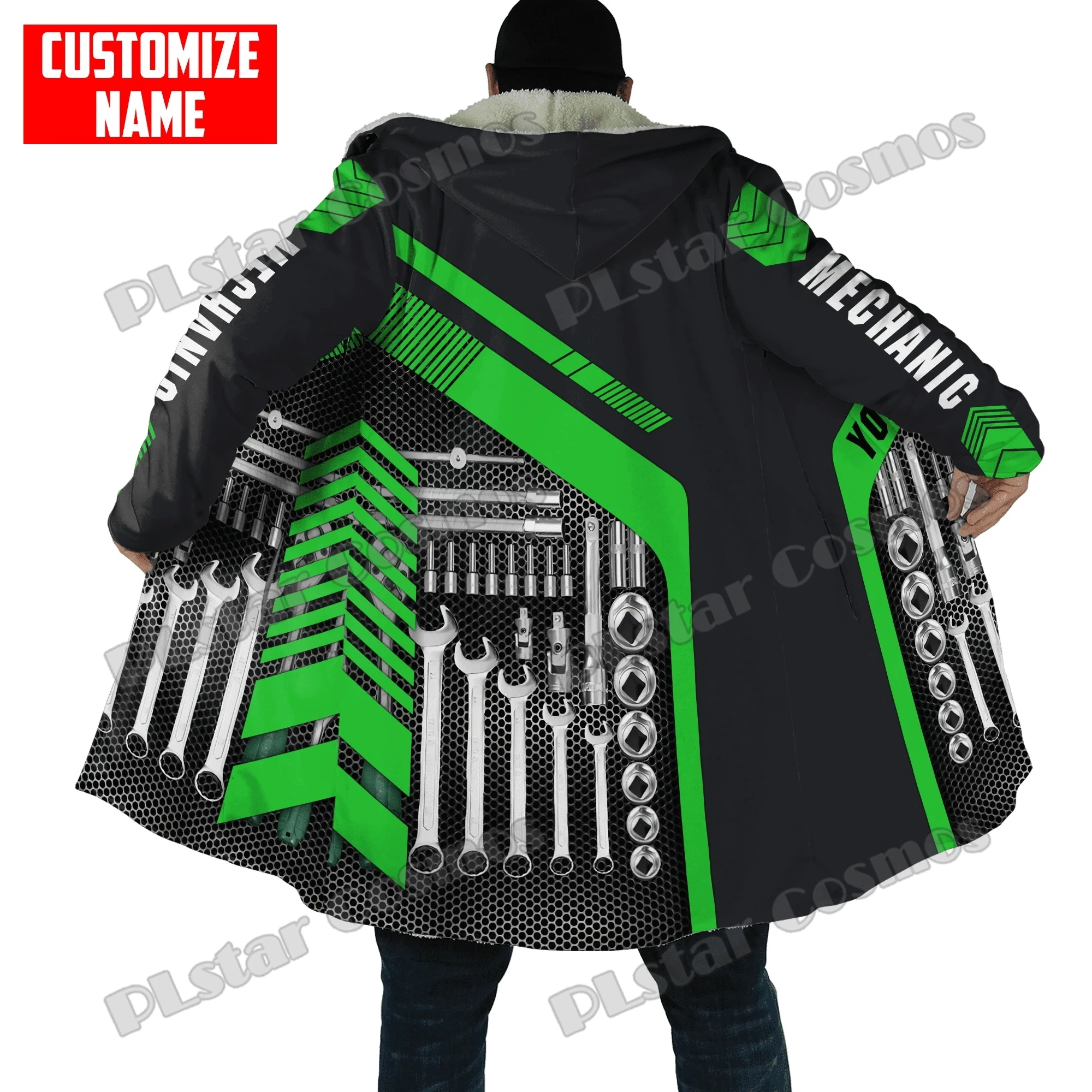 Winter Fashion Mens Cloak Personalized Name Mechanic 3D Printed Fleece Hooded cloak Unisex Casual Thick Warm Cape coat PJ06
