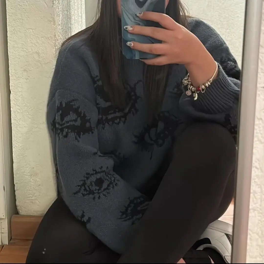 Gothic Punk Oversized Eye Pattern Sweaters for Men and Women Autumn and Winter Thickened Sweatshirts Knitted Sweater Streetwear 6
