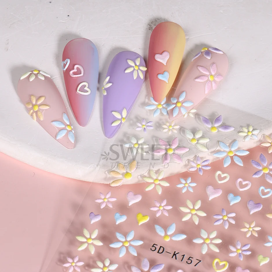 5D Embossed Flower Colorful Nail Stickers Simple DIY Wildflower Sliders Sunflower Daisy Spring Engraved Art Manicure Decals