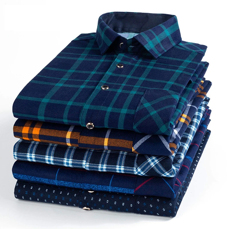 New Loose Long-sleeved Shirts for Young and Middle-aged Plaid Casual Non-iron Printing Thin Shirts for Men