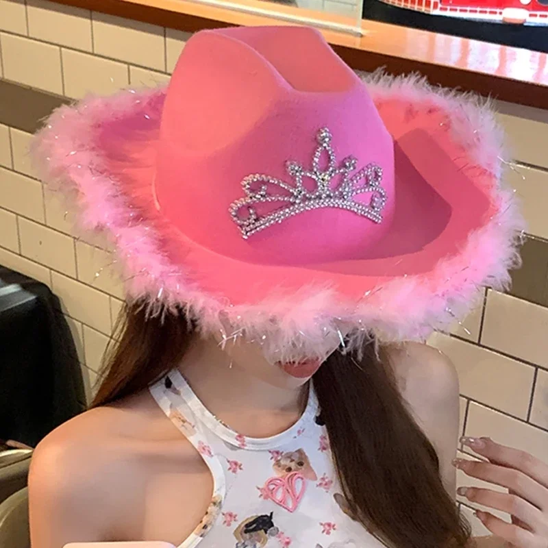 LED Tinsel Brim Cowboy Hat for Women Western Cowboy Hat Church Model Show Rhinestones
