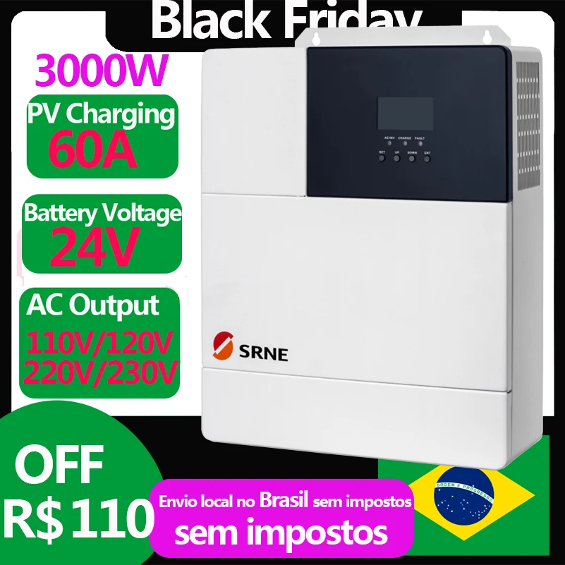 Srne 3000W Inverter Solare 3Kw 24V 230 Vac110Vac 50Hz/60Hz Inverter Ibrido Onda Sinusoidale Pura 60A Mppt Caricabatteria Inversor