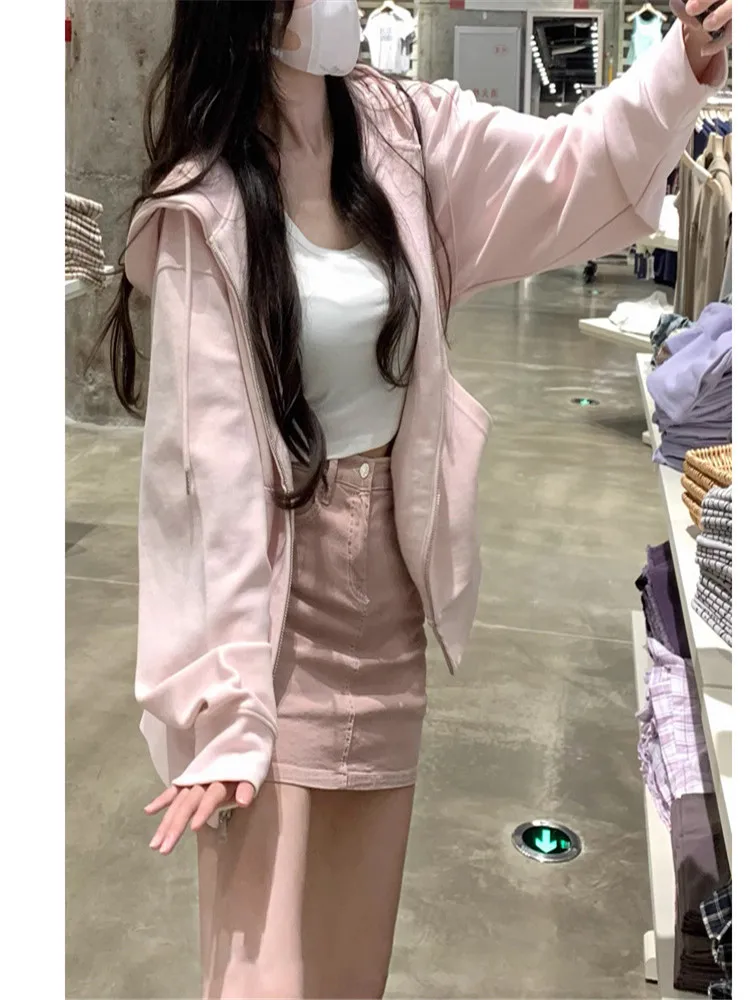 

2023 New Autumn 【 Water Powder Peach 】 Korean Solid Color Explosion Cardigan Ladies Hoodie Casual Coat Autumn 081