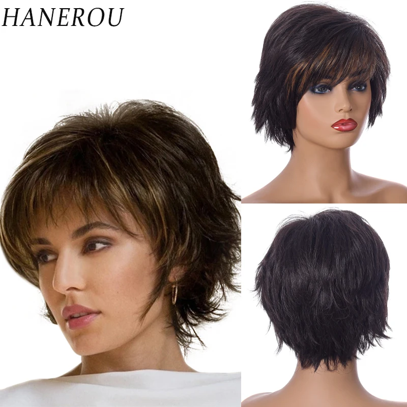 HANEROU Women Synthetic Short Wig Wavy Straight Cosplay Daily Natural for Cosplay Daily Wig Heat Resistant Fiber