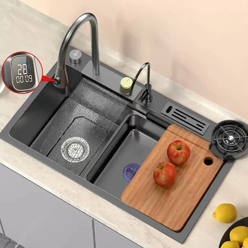 

Nano 304 Large Single Slot Steel Waterfall Sink Digital Display Kitchen Stainless Steel Kitchen Sink Washbasin on The Left Side