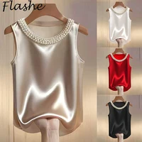 Elegant Satin Shirt Women Summer Bead Design Silk Blouse Women T-Shirts Fashion Loose Vest Women Tank Tops Fashion Lady Tee 1