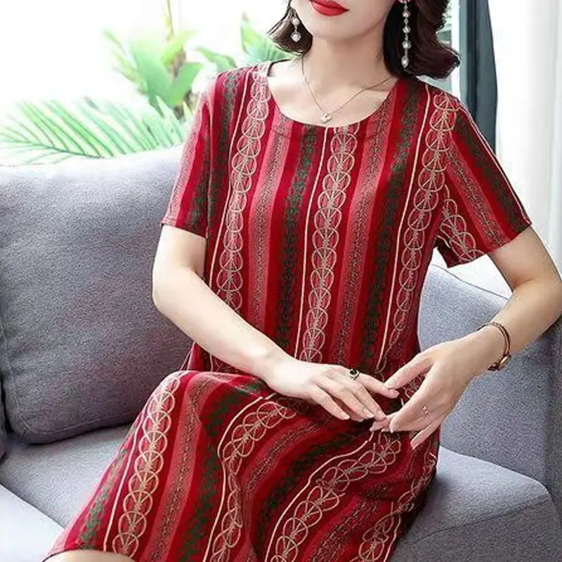 

Women's Clothing Vintage Printed Dresses Spliced Folk Striped Casual O-Neck Fashion Summer Short Sleeve A-Line Waist Midi Dress