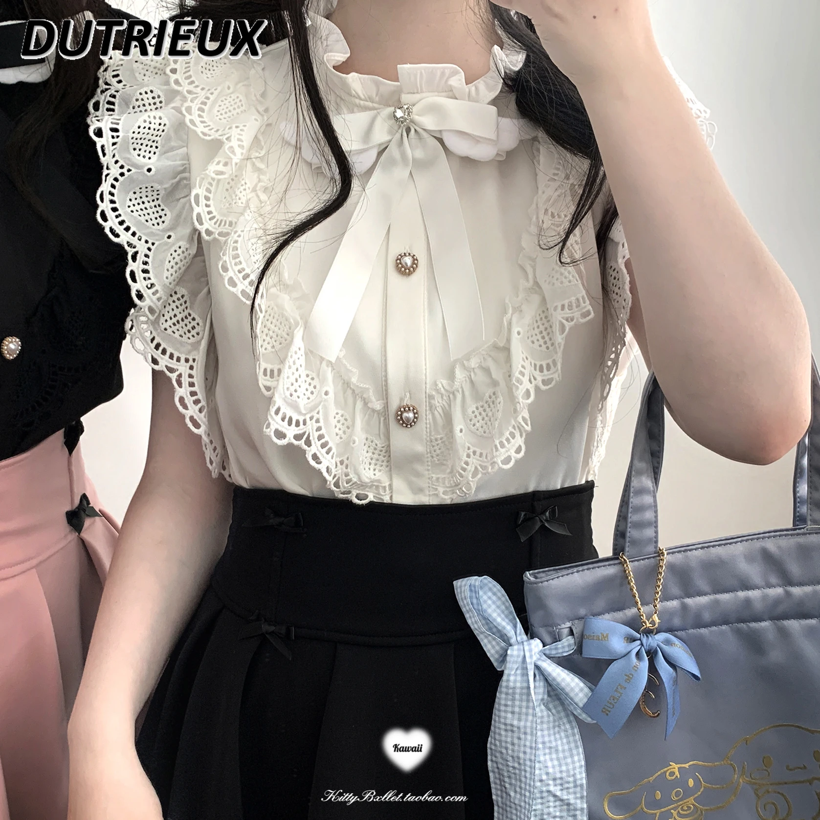 

Japanese Mine Lolita Shirt Cute Kawaii Sweet Bow Lace Shirts Small Stand Collar Flounced Sleeve White Blusas Mujer Summer Camisa