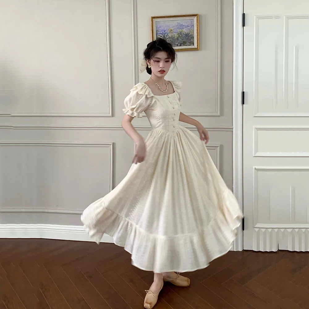 French Style Square Collar White Dress Fashion Puff Sleeve