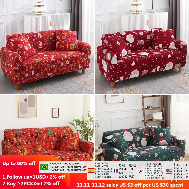 1/2/3/4 Seat Christmas Sofa Covers For Living Room Santa Claus L Shape Corner Xmas Elastic Sofa