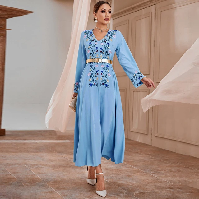 Women Casual Elegant Maxi Dresses 2023 Spring Luxury Embroidery V-Neck Long  Sleeve Belt Muslim Turkey Evening Party Robe Vestido - AliExpress