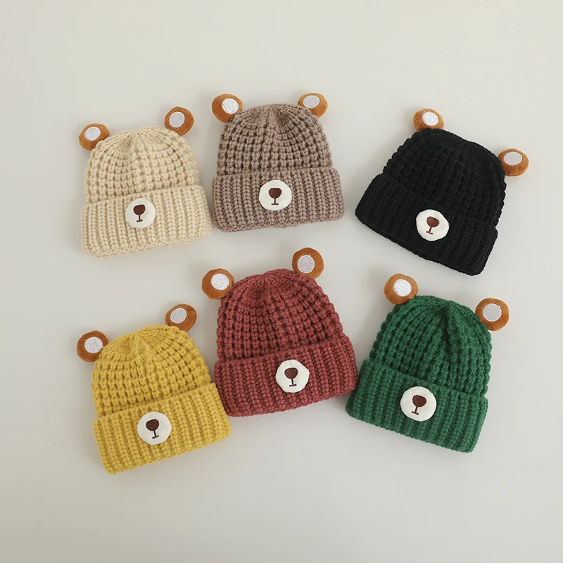 Cartoon Bear Ear Knitted Baby Hat Winter Warm Beanie Cap for Toddler Boy Girl Korean Solid Color Kids Crochet Bonnet for 0-3Y