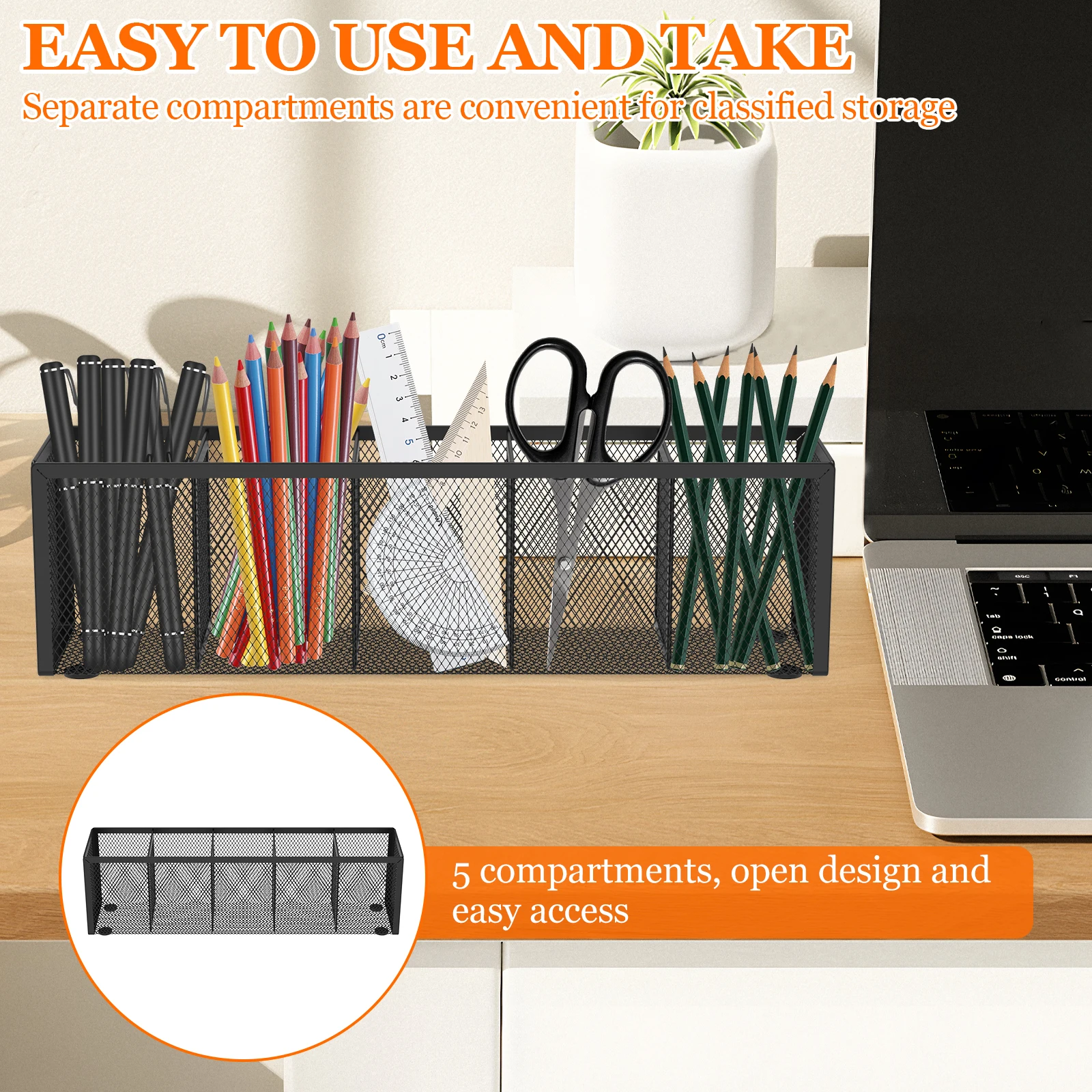2 Pcs Mesh Pen Pencil Holder Metal Pencil Organizer with 5 Compartments Large Capacity Desk Organizer Cosmetics Storage Rack