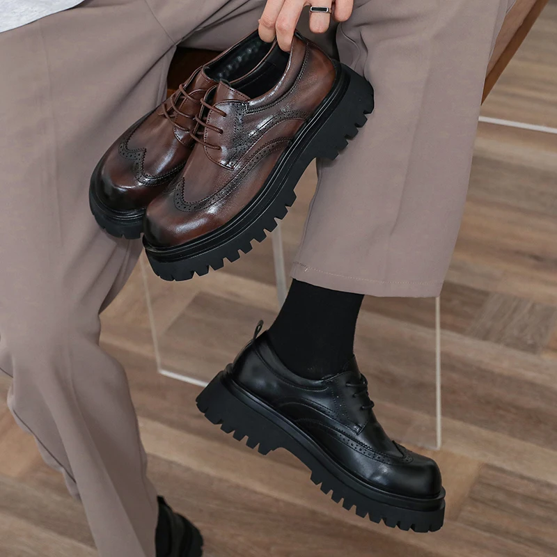 British Style Men's Block Shoes Thick Soled Durable for Office Interviews Formal Shoes Retro Brown Men's Shiny Leather Shoes3846