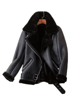 Women Winter Coats Faux Leather - Sheepskin Female Leather Jacket Aviator Outwear 1