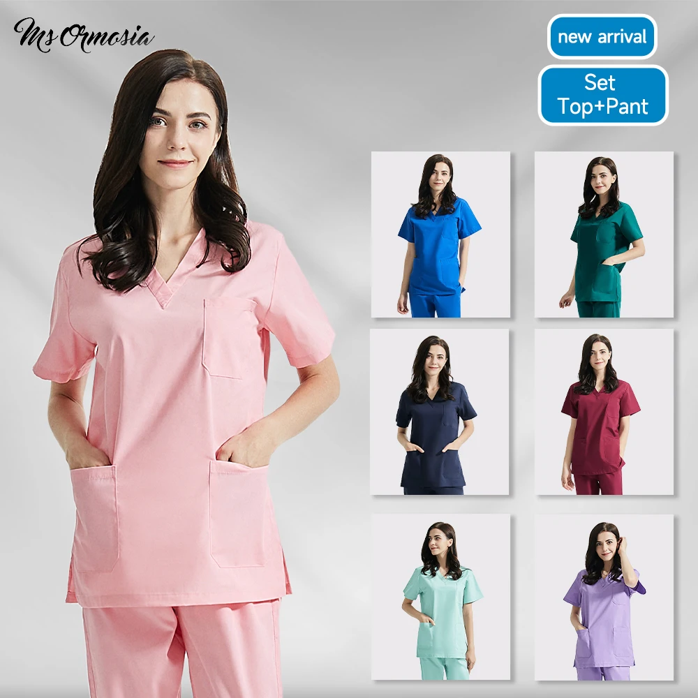 V-neck Scrub Tops Beauty Salon Nursing Elastic Waist Pants Unisex Breathable Surgery Uniform Medical Accessories medical uniform