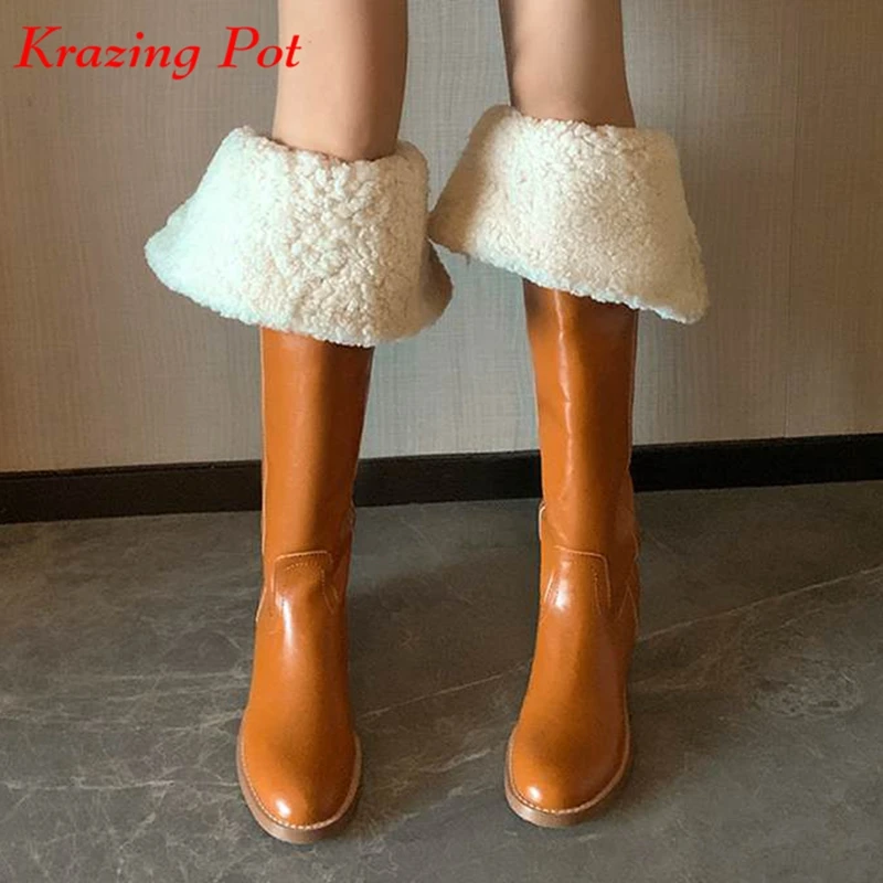 

Krazing Pot Wool Cow Leather Round Toe Med Heels Snow Boots Keep Warm Fur Preppy Style Slip on Basic Thin Leg Thigh High Boots