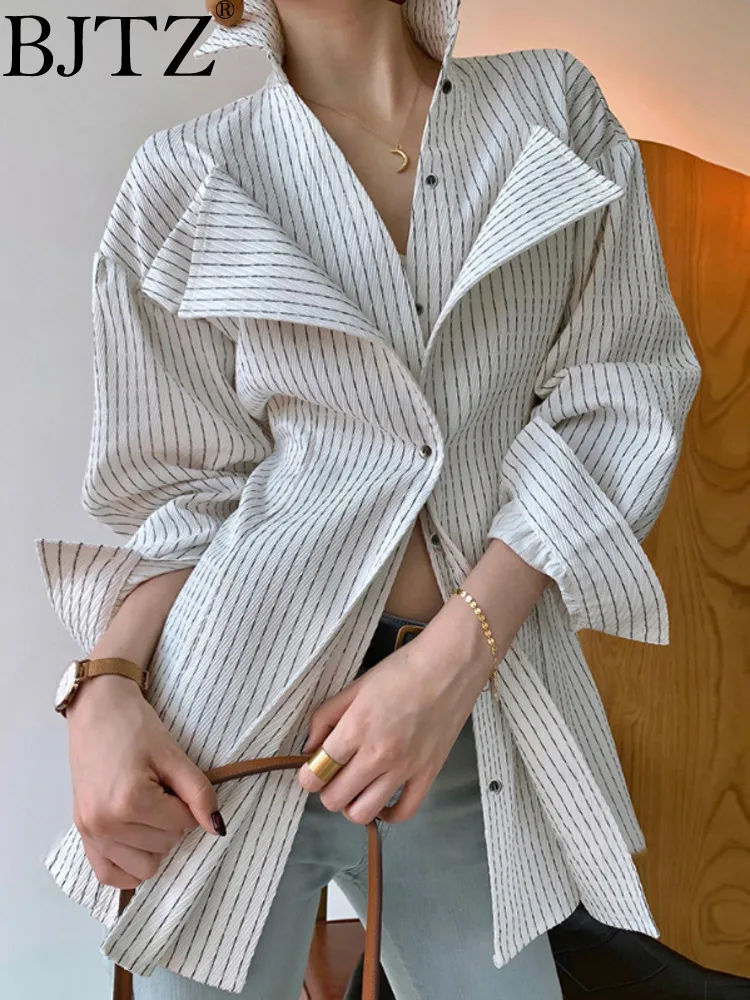 

BJTZ Fashion Striped Women's Shirt Long Sleeved Collar Side Opening Shirt For Women 2024 Spring New Designer Casual Tops HL24