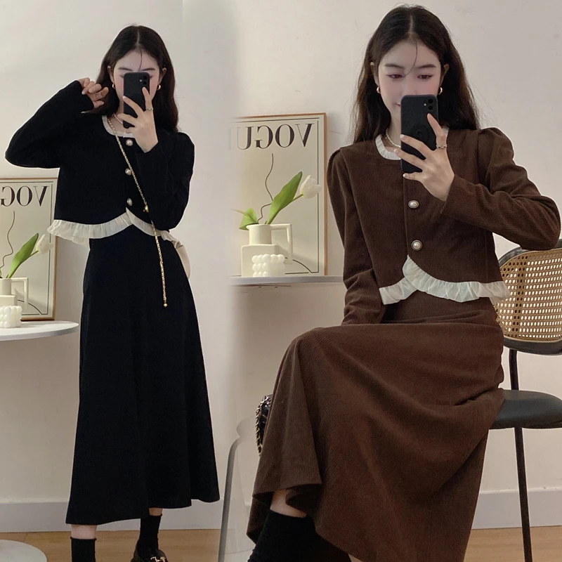 

UNXX Early Autumn Velvet French Dress Set Ladies Lady Style Matching Chic Minimalist Top Midi Skirt 2 Pieces High Quality Suits