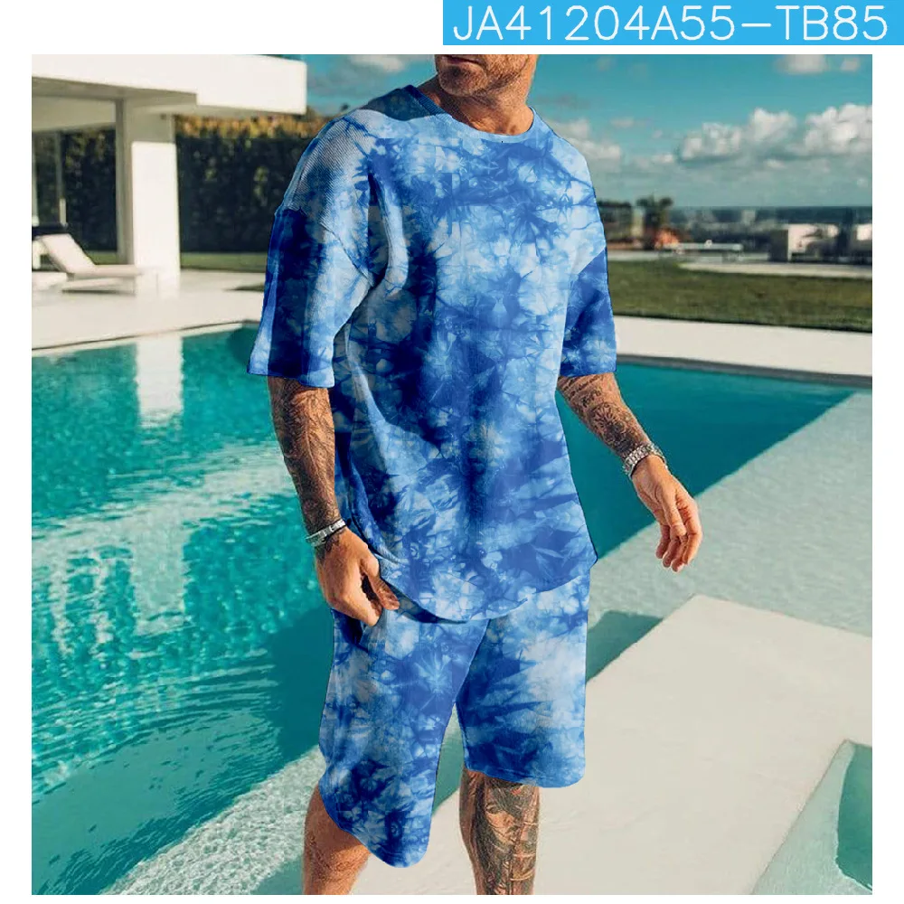 thumbnail image 1 of Traje de hombre urbano elegante con estampado 3D de efecto tie-dye, traje de playa holgado y cómodo, 1 of 5