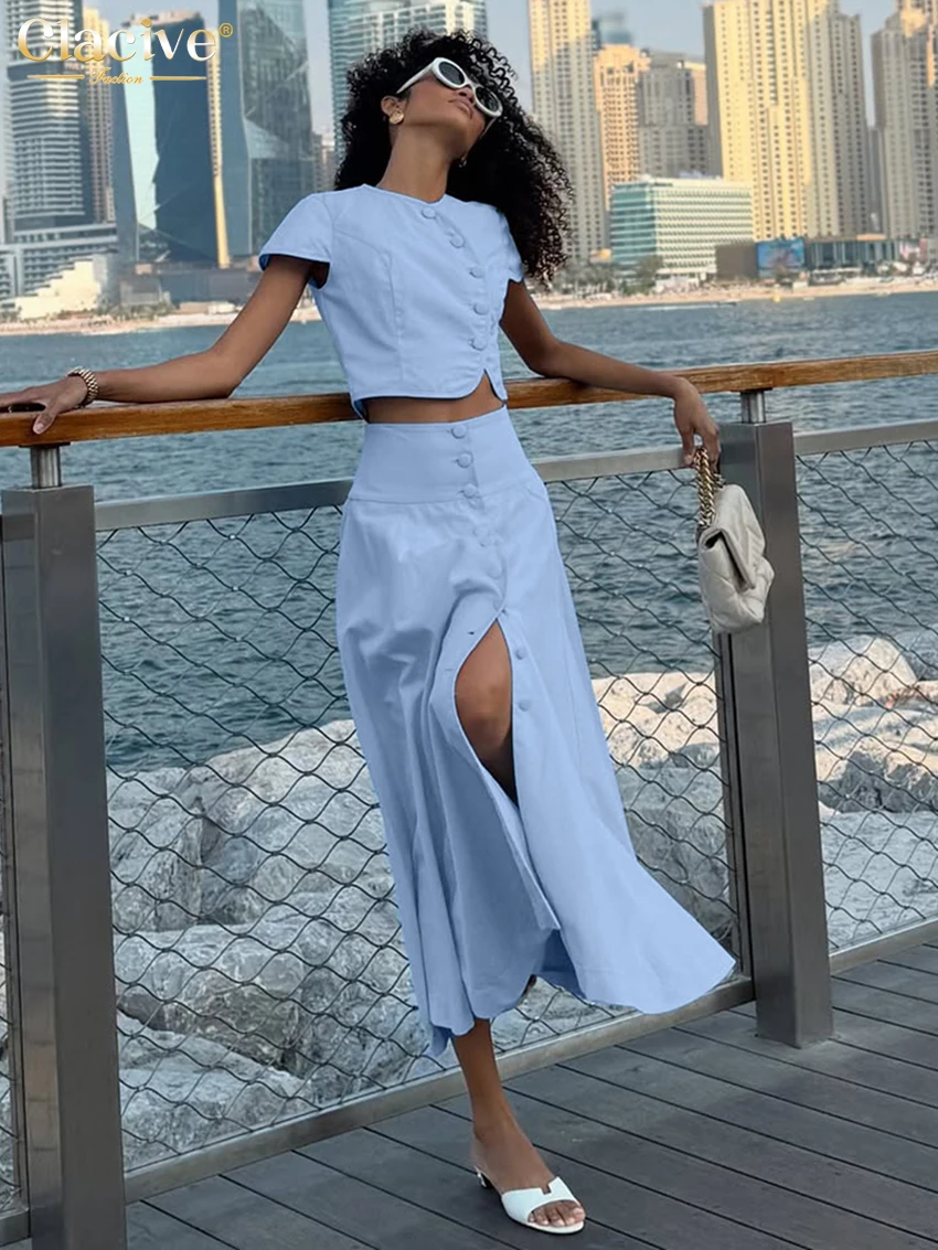 Clacive Summer Loose Blue Cotton Women's Two Pieces Set 2025 Fashion Short Sleeve Crop Top With High Waist Long Skirt Set Female