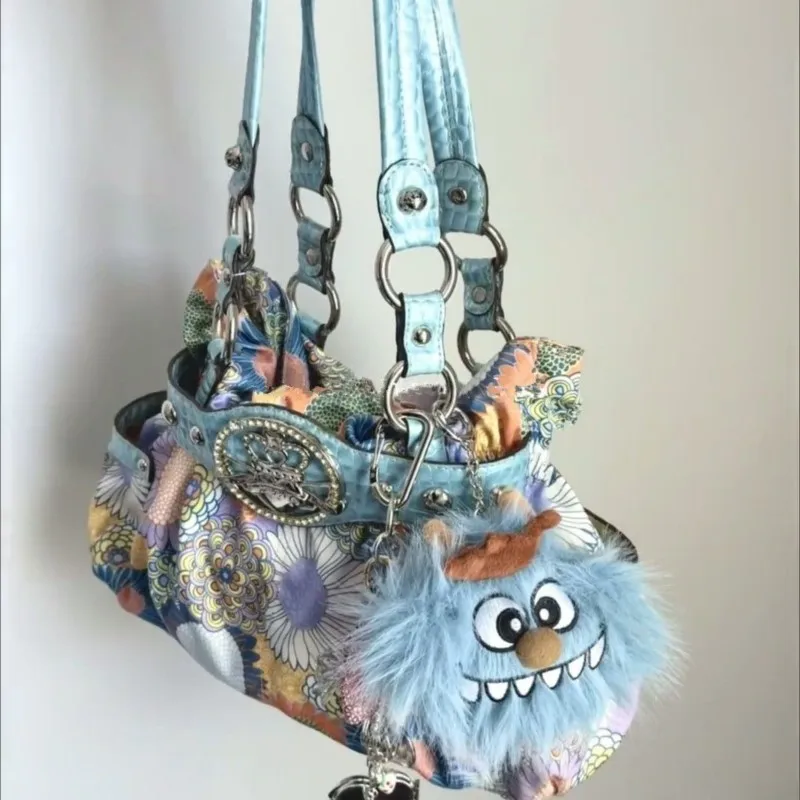 Retro Y2k Hot Girl Tote Bag Women Floral Print Studded Large Capacity Shoulder Bag Ladies Subculture Handheld Crossbody Bag 2025