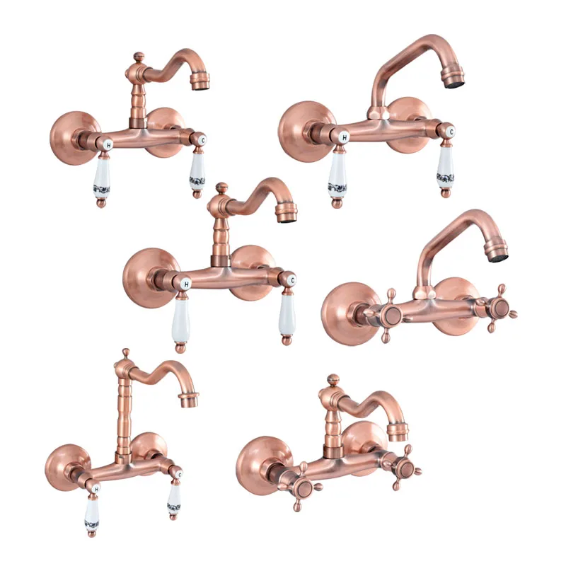 

Antique Red Copper Brass Bathroom Kitchen Sink Basin Faucet Mixer Tap Swivel Spout Wall Mounted Dual Handles Levers mzh024