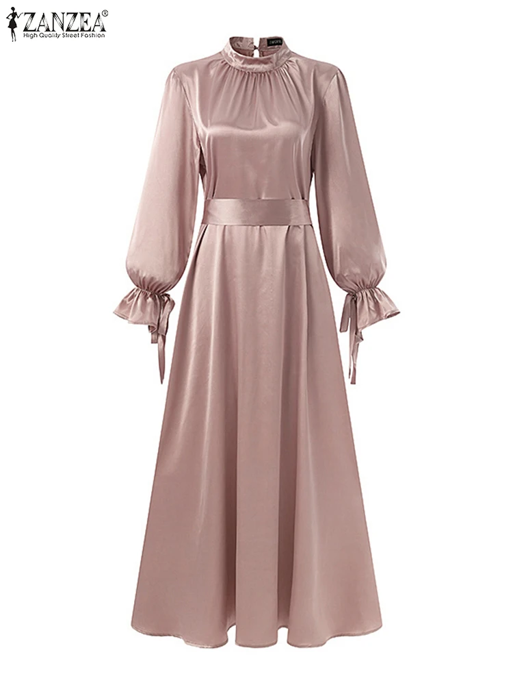 2023 ZANZEA Spring Women Satin Sundress Muslim Maxi Dress Long Sleeve Solid Dubai Turkey Abaya Hijab Dress Ramadan Robe Femme