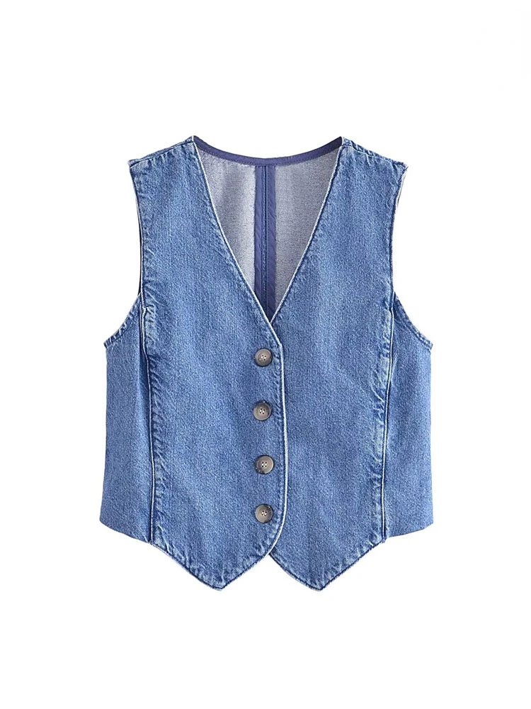 

TRAF Women Fashion Front Button Denim Waistcoat Vintage Denim-Vest V Neck Sleeveless Female Outerwear Chic Tops Casual Clothes