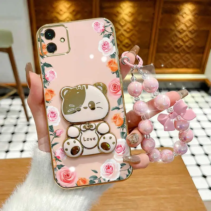 3-Piece Set: Gradation Rose Leaves Phone Case with Lanyard and Rabbit Stand